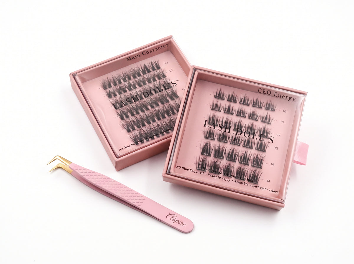 2 x Pre-Glued Cluster Lashes + "Aspire" Pink Pro Tweezer