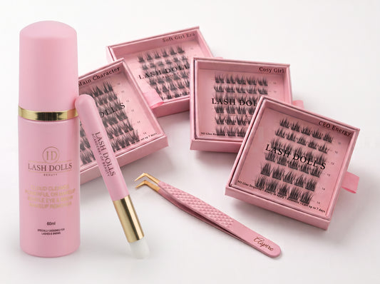 4 x Pre-Glued Cluster Lashes + "Aspire" Tweezer & Cloud Cleanse