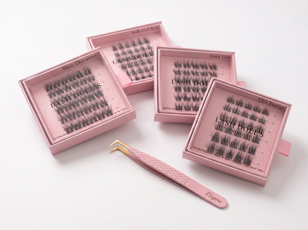 4 x Pre-Glued Cluster Lashes + "Aspire" Pink Pro Tweezer