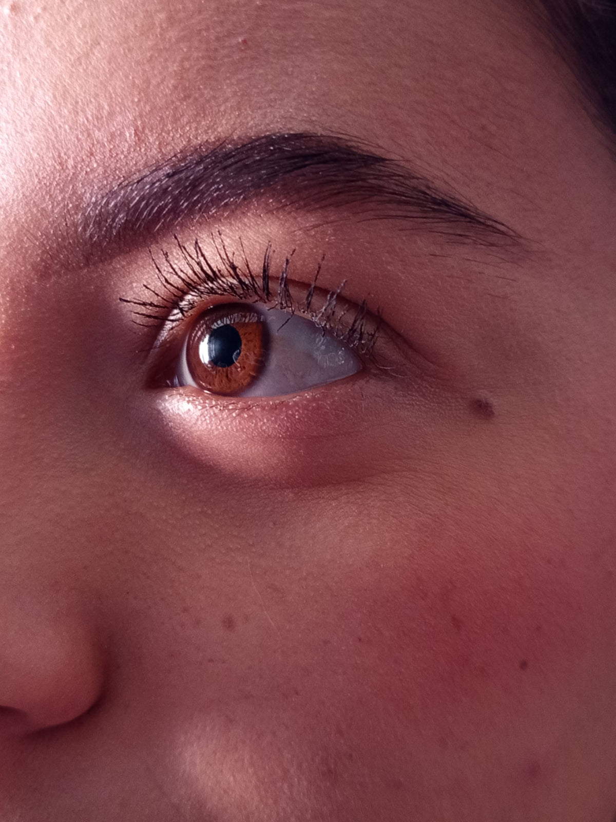 Extreme close-up of a human eye with long dark eyelashes, a brown iris, and a dark eyebrow on warm skin.